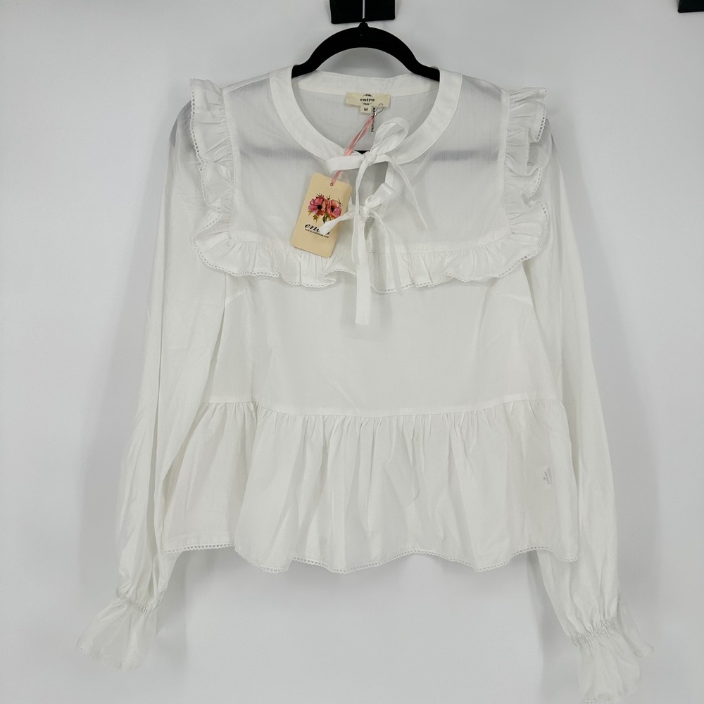 NEW Entro Boutique White Ruffle Long Sleeve Peplum Blouse Top Bow Tie Feminine M